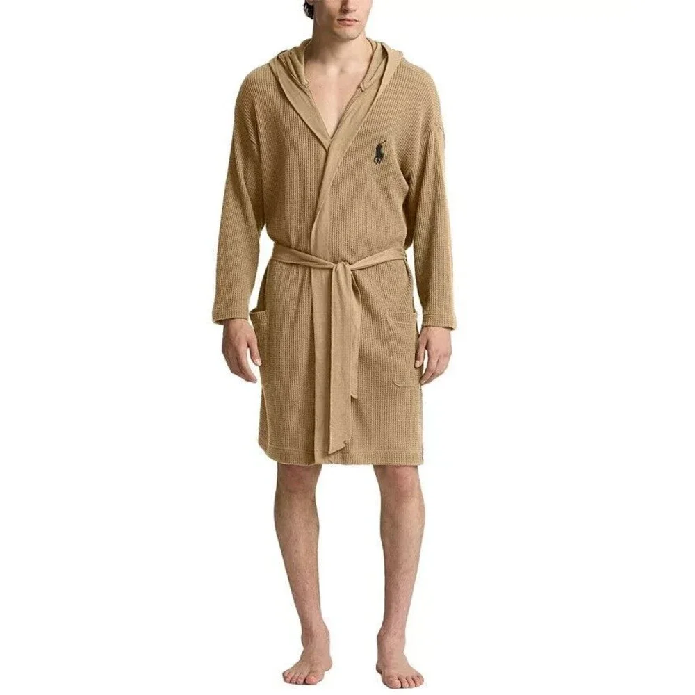 POLO RALPH LAUREN MEN'S THERMAL HOODED ROBE KHAKI TAN SZ‎ NWT